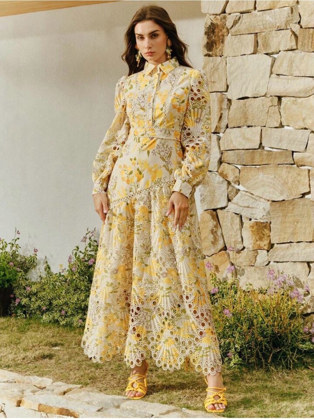 ANEWSTA Light Yellow Floral Lace Long-Sleeve Midi Dress